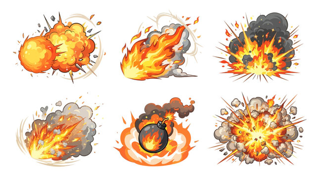 Explosive blast and cartoon fireball effects, comic game explosion bursts with smoke clouds, flames and shockwaves for action battle animation vector isolated white set