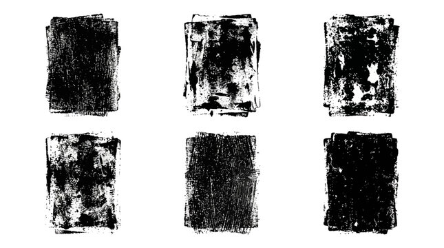Grunge rolled ink stamp textures handmade with brayer. Letterpress vintage rough irregular rectangle vertical backgrounds Linocut relief printing shapes illustration transparent backdrop