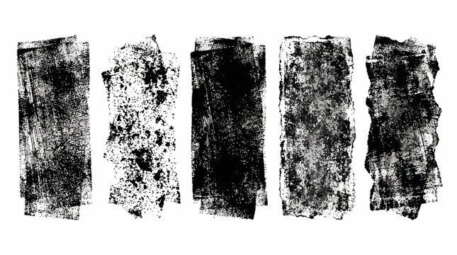 Grunge rolled ink stamp textures handmade with brayer. Letterpress vintage rough irregular rectangle vertical backgrounds Linocut relief printing shapes illustration transparent backdrop
