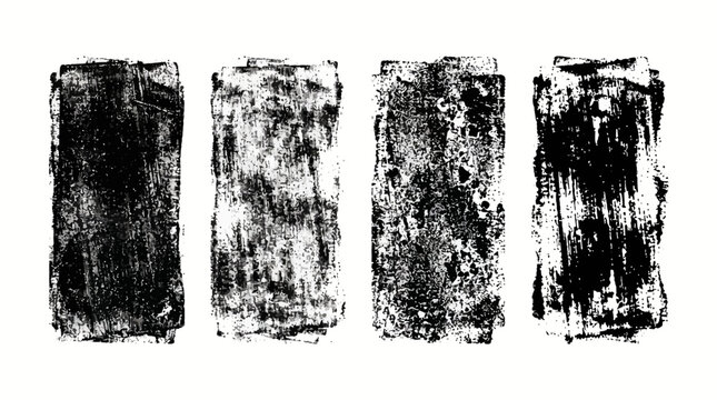 Grunge rolled ink stamp textures handmade with brayer. Letterpress vintage rough irregular rectangle vertical backgrounds Linocut relief printing shapes illustration transparent backdrop