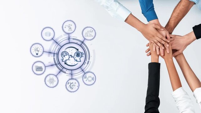 A creative visual showcasing diverse hands coming together in a collaborative effort symbolizing teamwork and innovation within a modern workspace context. Raster