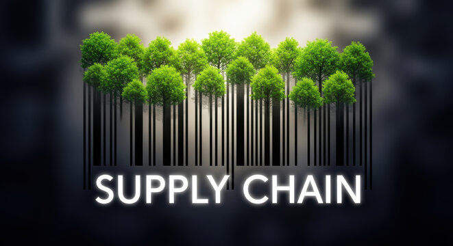 Supply chain concept with green tree barcode symbolizing sustainable business practices for eco friendly growth and environmental care