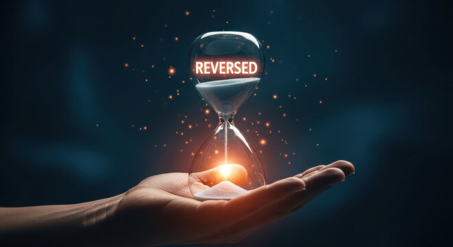 Reversed hourglass in hand with glowing sand for biohacking longevity research and time concept