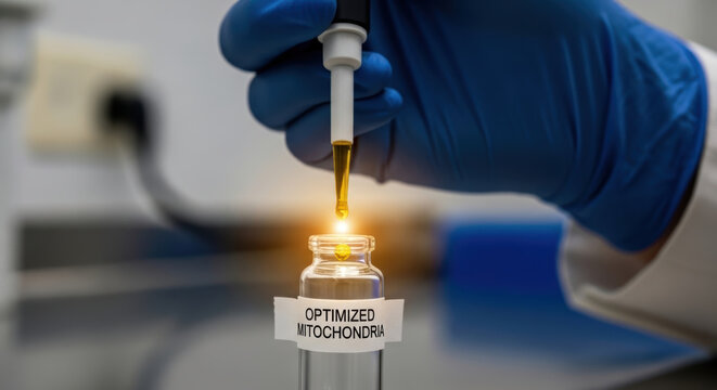 Biohacking longevity research in laboratory with gloved hand and vial of optimized mitochondria