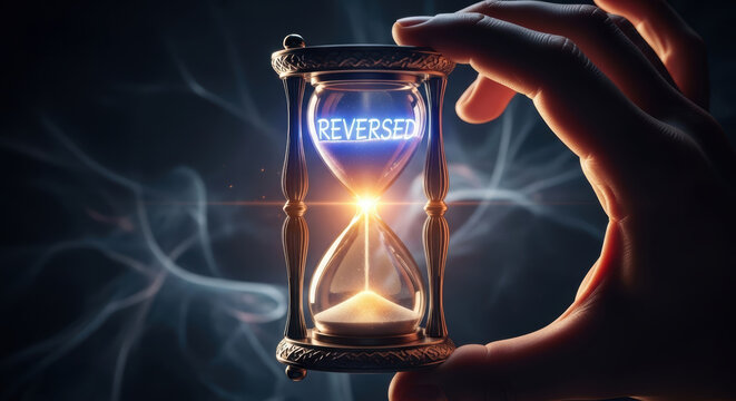 Biohacking longevity research hourglass hand holding glowing reversed time concept