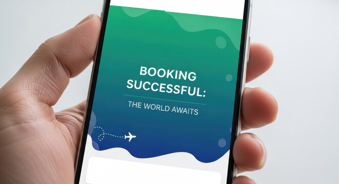 Booking successful travel app on smartphone in hand with plane icon and blue green screen, biohacking, longevity, research