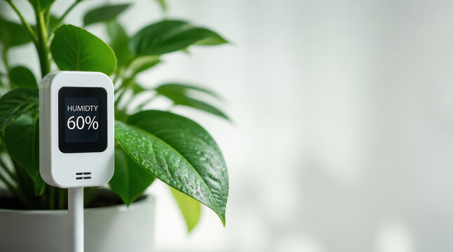 Humidity meter in plant pot for water scarcity climate adaptation test with green leaf and indoor care