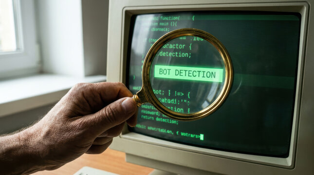 Bot detection, code screen, magnifying glass, computer monitor, hand, cyber security