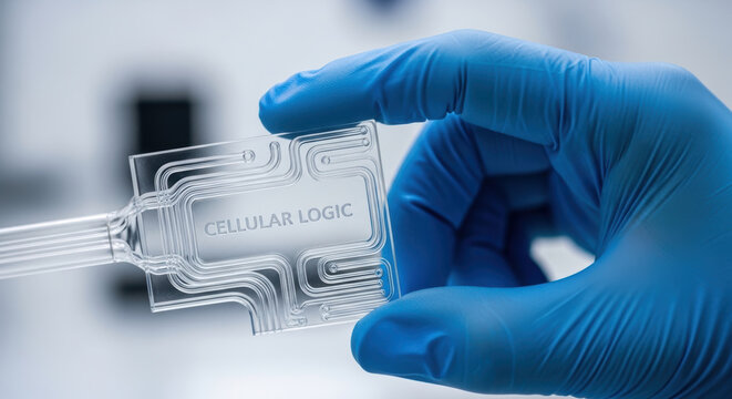 Biohacking longevity research in gloved hand with clear chip in sterile laboratory