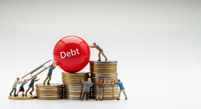 Corporate debt levels challenge small figures pushing red ball on stacked coin piles symbolizing financial burden and teamwork effort