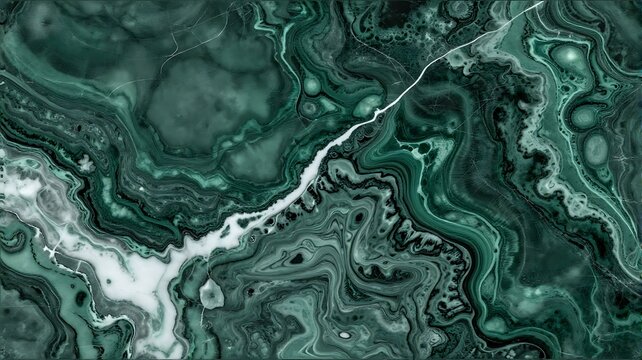 Deep emerald green malachite mineral texture with intricate swirling patterns and sharp white veining for luxurious interior design backgrounds