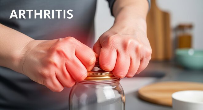 Arthritis causes painful swollen hands struggling to open jar lid with visible redness and stiffness showing discomfort and joint inflammation