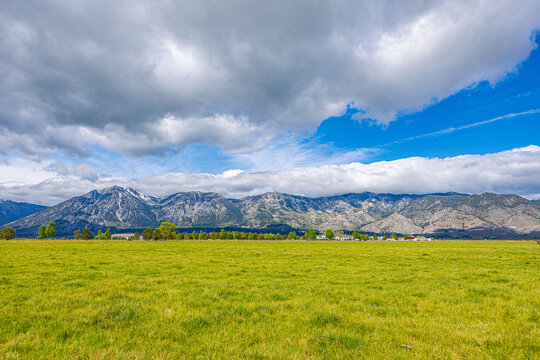 Bright green meadow stretches toward dramatic snow-capped Sierra Nevada mountains under a blue sky with clouds near Lake Tahoe.