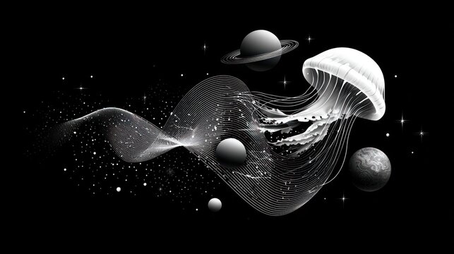 Abstract illustration of a jellyfish with planets and stars on black background