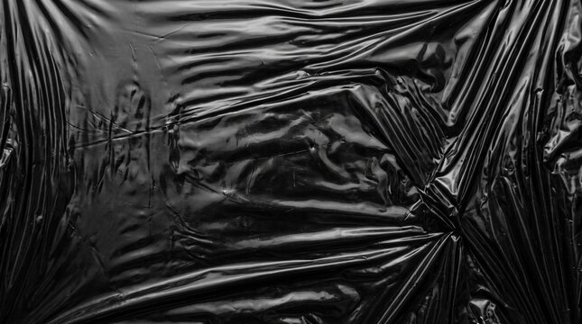 Wrinkled black plastic texture background with abstract folds and creases