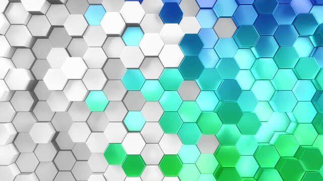 Shiny hexagon background patterns. 3d rendered hex shapes in a metallic rainbow of colorful looping movement. Hexagonal patterned visual of a brilliant gradient of shining colors backgrounds. Loop.