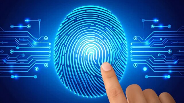 A digital fingerprint scanner interface glows with blue light