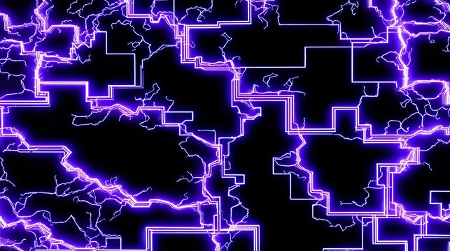 Glowing purple energy lightning strikes and chaotic circuit pathways on dark background, abstract digital technology overlay texture.