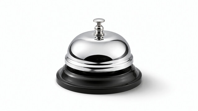 A shiny, silver service bell with a black base, commonly used for customer service or reception desks.