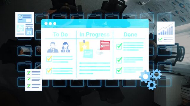 Digital Project Management Board with Task Lists Representing Workflow Stages and Progress Tracking in an Office Setting. Entropy.