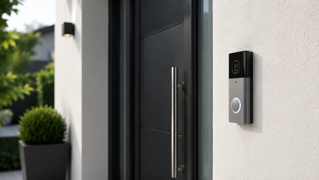 A modern smart video doorbell installed next to a sleek black front door of a contemporary home.