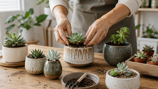 A person arranges various succulent plants in ceramic pots on a wooden table, surrounded by gardening tools and natural indoor light.