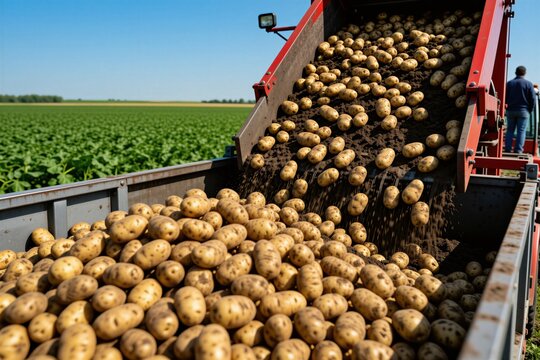 Industrial harvester machine pours fresh potatoes into truck trailer on sunny farm field. Agricultural equipment works during potato harvest time. Raw yellow vegetables fall from conveyor belt into