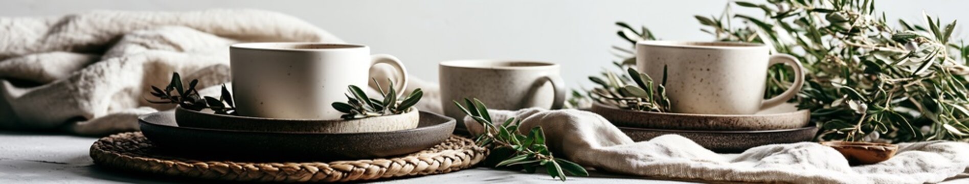 Winter Holiday Rustic stoneware cups and stacked plates with olive branches on a woven placemat and linen table setting