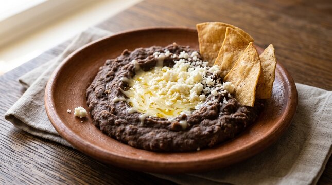 Traditional Mexican Frijoles Refritos Bean Dip with Totopos