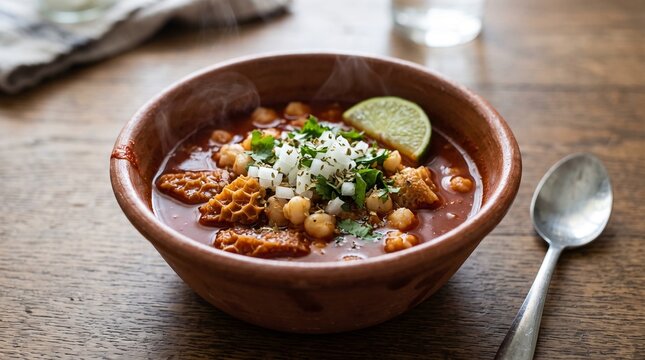Traditional Mexican Menudo Tripe Soup in Clay Bowl