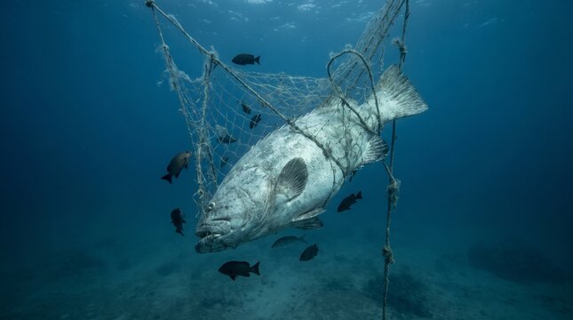 Underwater scene of fish trapped in abandoned fishing net