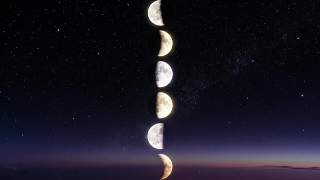 Seamless Loop of Lunar Phases Displayed Vertically Against a Starry Night Sky with Clouds and Horizon