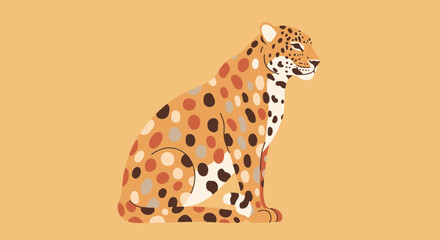 Illustration of a sitting cheetah with a spotted coat on a beige background. © Ikbalizt