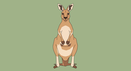 Illustration of a kangaroo standing upright with a calm expression on a green background. © Ikbalizt