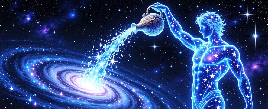 Aquarius zodiac sign as glowing human figure made of stars pours cosmic water into deep blue galaxy. Celestial man holds ornate jug filling space with stardust energy. Astronomy art visualizes