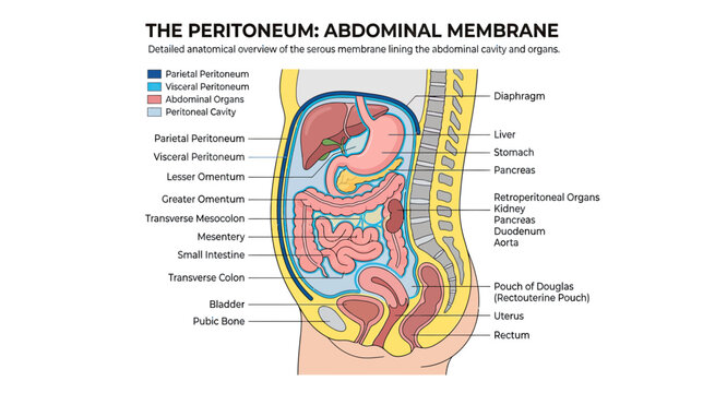 Human Abdomen Anatomy: Peritoneum and Organs - Detailed Medical Illustration