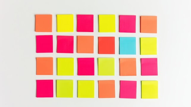 An overhead view of a perfect 5x5 grid of twenty-five multi-colored sticky notes on a white surface, very clean and minimalist