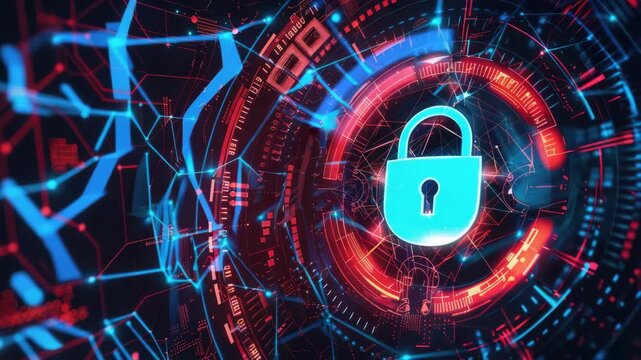 Cyber Security Key, Red and Blue Digital Lock Background with Abstract Code and Hacking Concept