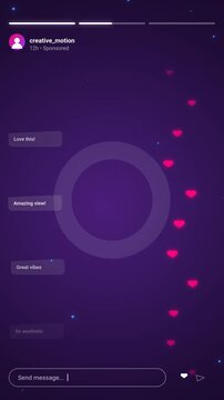 Vibrant Social Media Story Interface with Animated Hearts, Engagement Comments, and Dynamic Purple Background for Digital Marketing