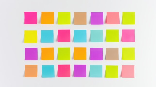 An overhead view of a perfect 5x5 grid of twenty-five multi-colored sticky notes on a white surface, very clean and minimalist