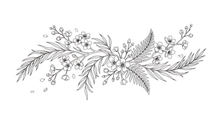 Hand drawn floral branch vector, elegant botanical line art illustration, minimalist wildflower and fern leaf border for wedding invitations © Rafay