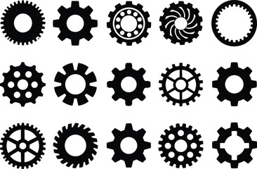 A collection of 15 black gear and cogwheel silhouettes featuring fine teeth, thick teeth, turbine blades, © Netsolbiz