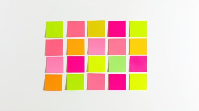 An overhead view of a perfect 5x5 grid of twenty-five multi-colored sticky notes on a white surface, very clean and minimalist