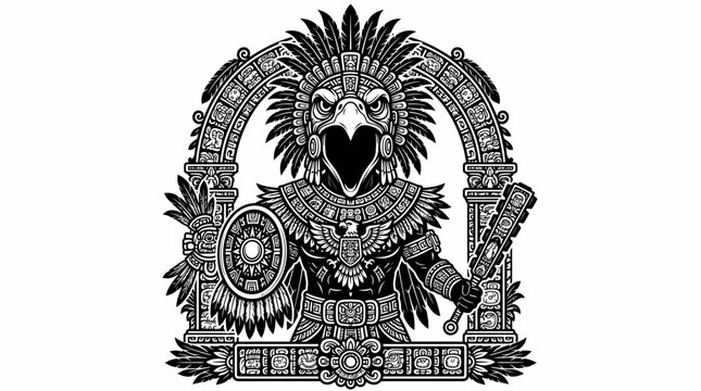 detailed black and white vector illustration of an Aztec eagle warrior character wearing traditional armor and holding a shield and club, set against an ornate archway.