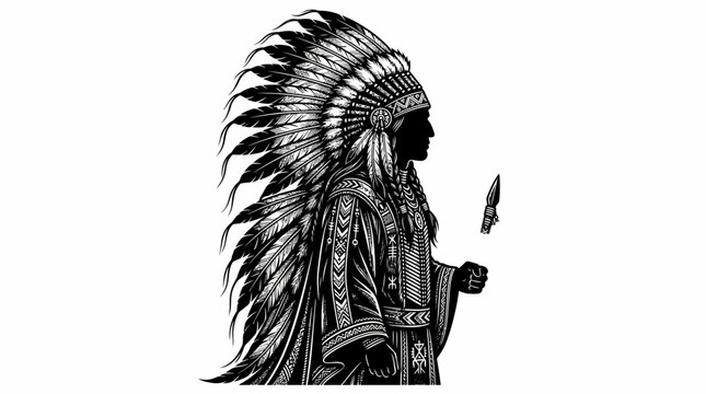 black and white vector illustration of a Native American chieftain wearing a traditional feathered headdress and holding a knife in his right hand, showcasing intricate tribal patterns and designs 