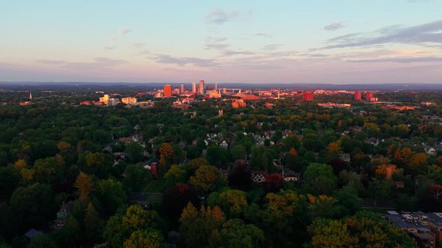 Summer aerial view featuring the Hartford, Connecticut skyline from above Elizabeth Park just before sunset