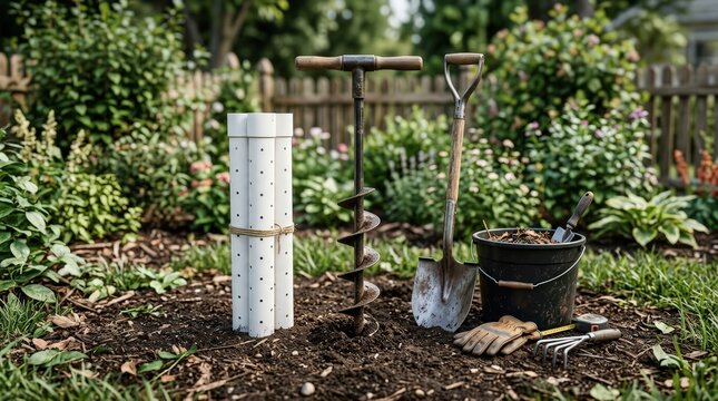 Biopore Installation Tool Setup with Perforated Pipe, Auger, and Compost Ready for Implementation