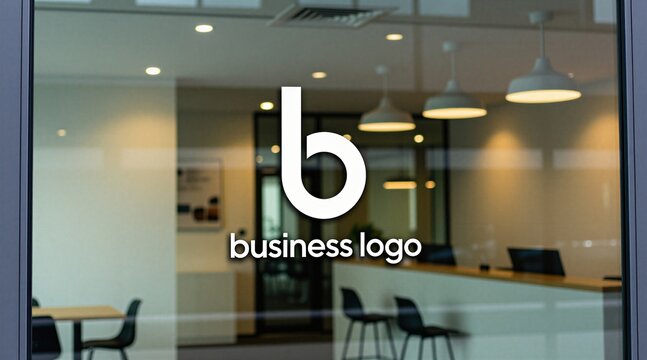 White business logo with text on glass door of blurred office interior. Modern company branding mockup for shop or cafe entrance facade. Pro identity label for business.