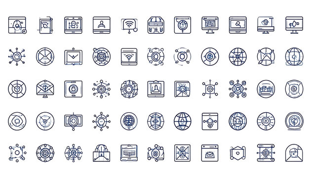 Collection of 64 abstract minimalist icons with a distressed, pixelated texture, suitable for digital interfaces