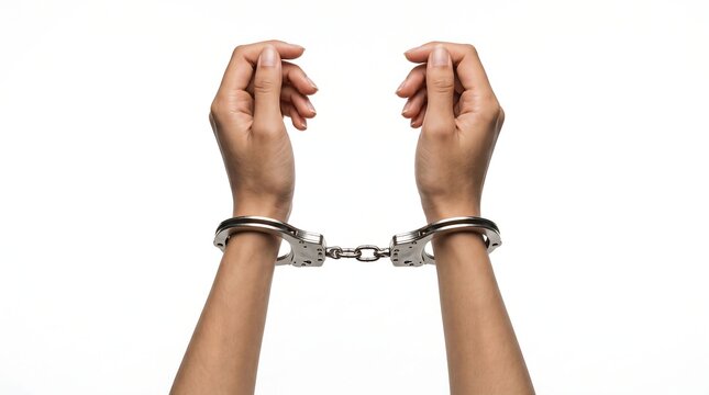 Two hands in metal handcuffs raised up isolated on white background, representing crime arrest and justice